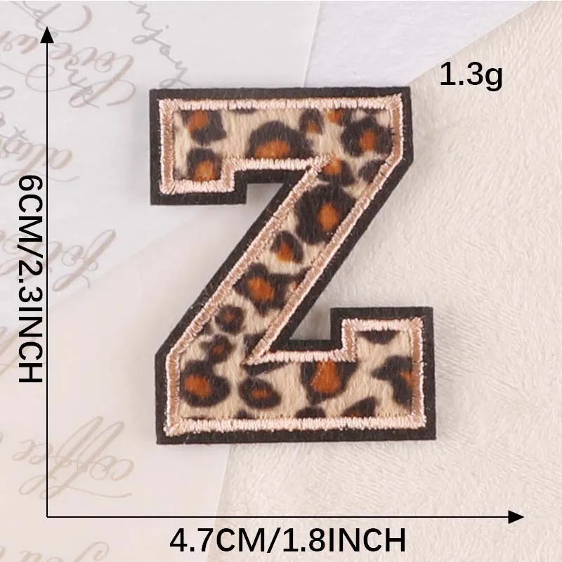 A brown leopard print alphabet letter Z iron-on patch shown on a white background.