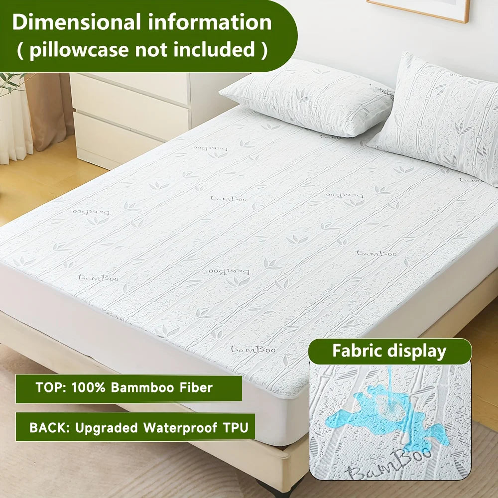 White bamboo fiber fitted sheet mattress protector displayed on a bed, showing the fabric and construction details.