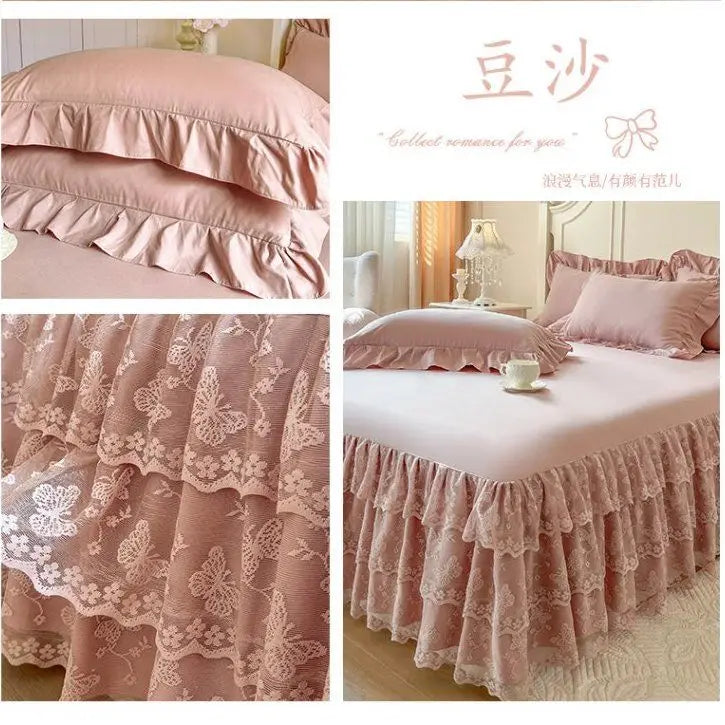 Pink lace ruffled bed skirt set with sheer fabric and delicate floral embroidery