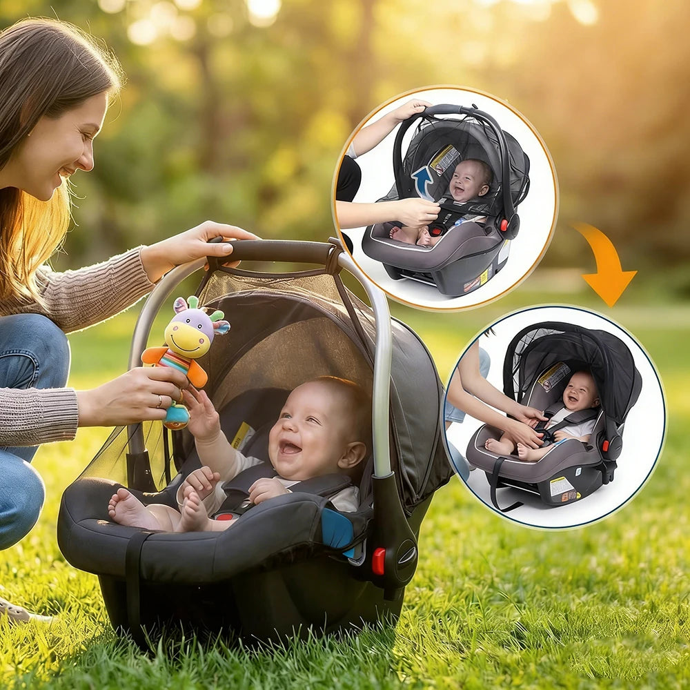 A woman is shown using a universal mosquito net for a baby stroller, with an inset showing the net installed in a car seat.
