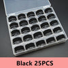 A black assortment of 25 sewing thread bobbins arranged in a clear plastic tray.