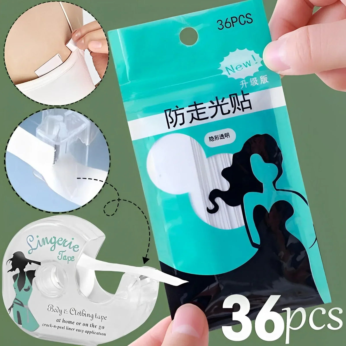 A package of 36 pieces of clear, invisible self-adhesive lingerie tape is shown next to a hand.