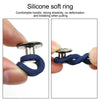 A hand is holding a silicone soft ring with a blue elastic band, demonstrating its flexibility and use as an extender button.