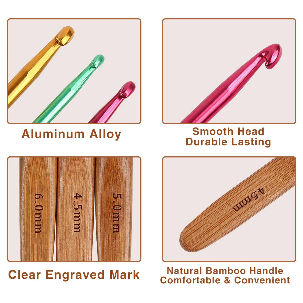 A set of aluminum alloy, smooth pink, and natural bamboo knitting and crochet needles with clear engravings.