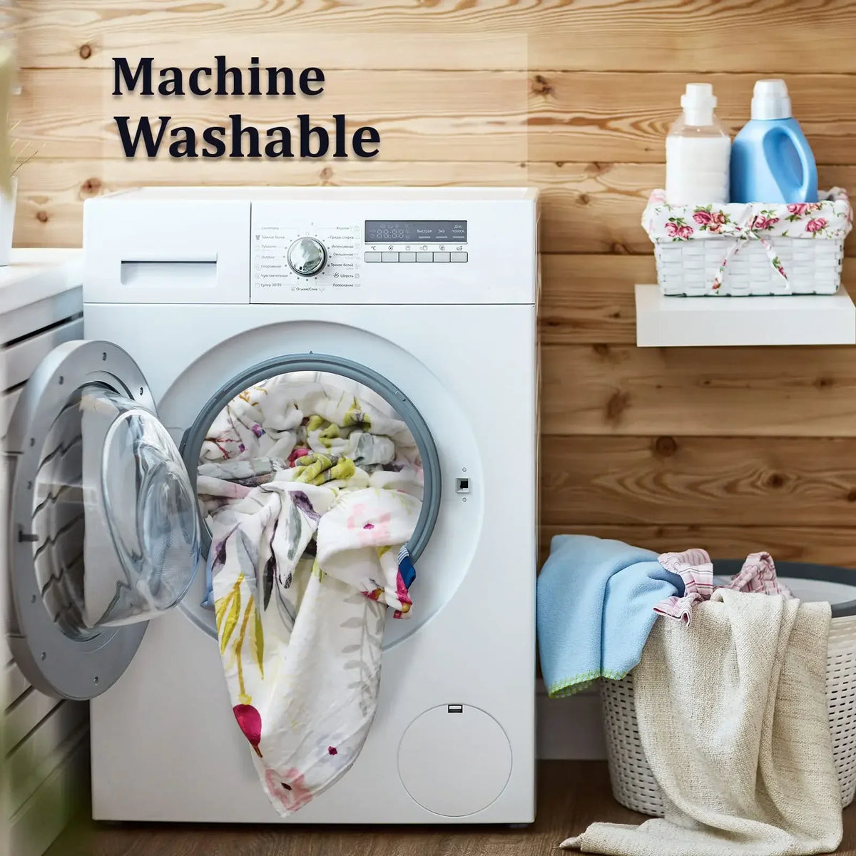A white washing machine is shown with a fleece throw blanket inside the drum, set against a wooden background.