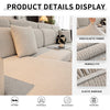 Display of a beige stretch sofa seat cushion cover showing fabric details and care instructions.