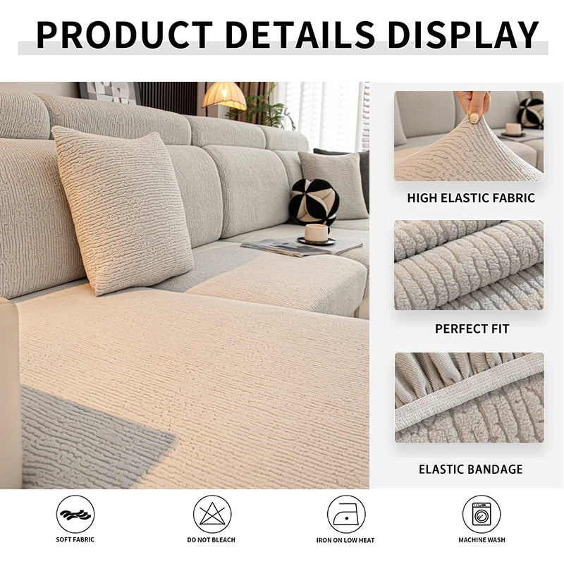 Display of a beige stretch sofa seat cushion cover showing fabric details and care instructions.
