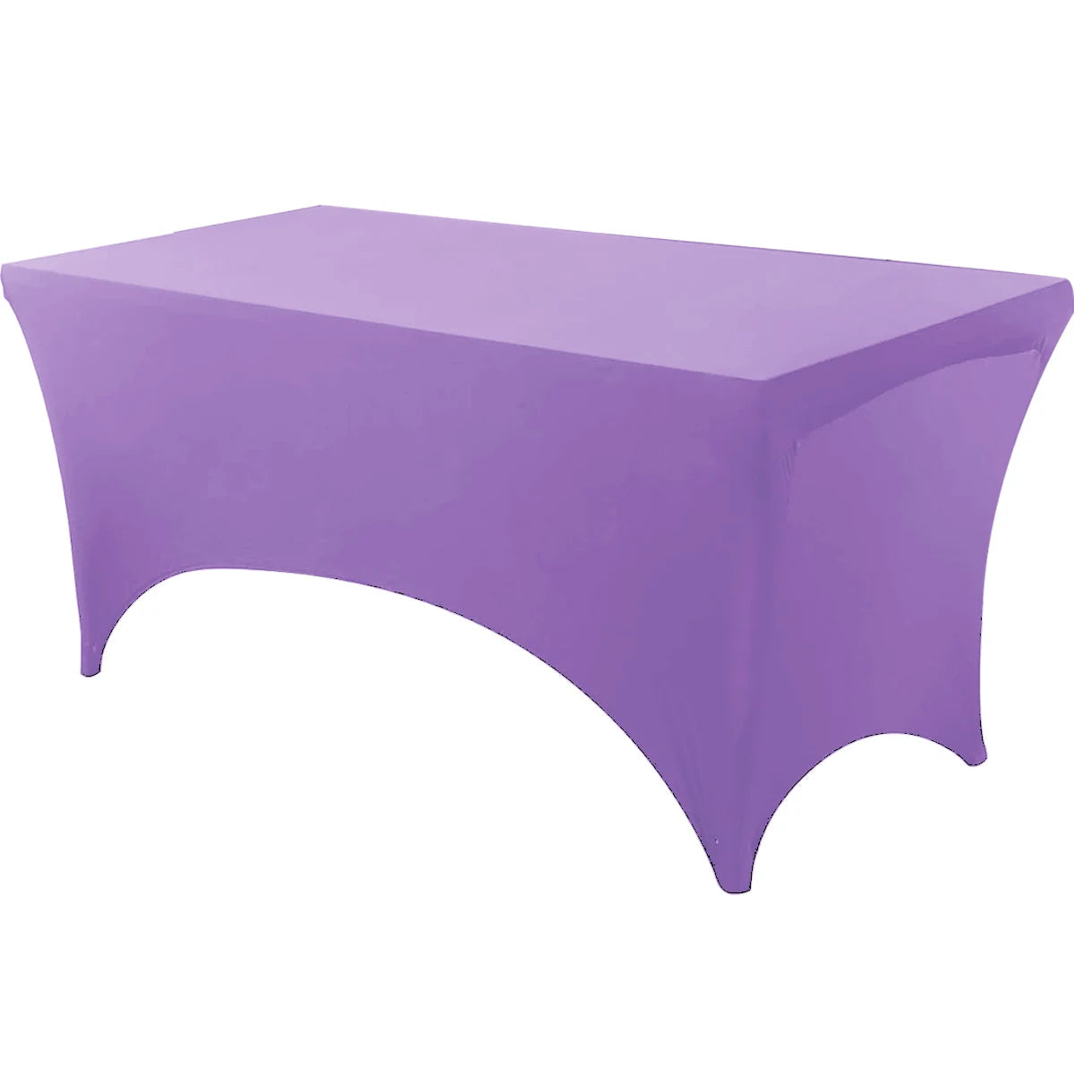 A purple stretch tablecloth set used for dining or event decor.