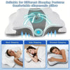 A white ergonomic pillow suitable for different sleeping postures, shown in use for back, side, and stomach sleeping.
