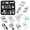 A collection of various multi-use presser foot attachments and tools for sewing machines.