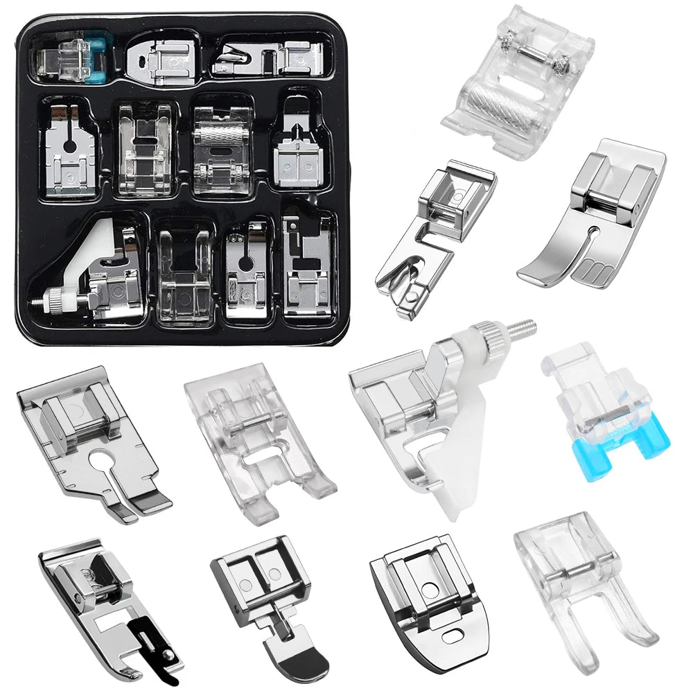 A collection of various multi-use presser foot attachments and tools for sewing machines.