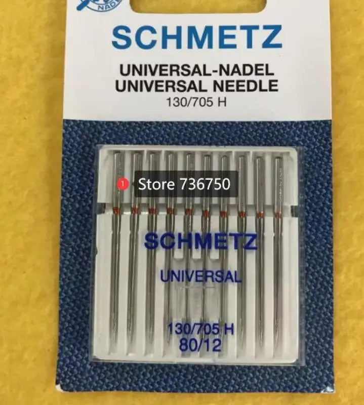 A package of SCHMETZ universal sewing machine needles, labeled 130/705 H 80/12.