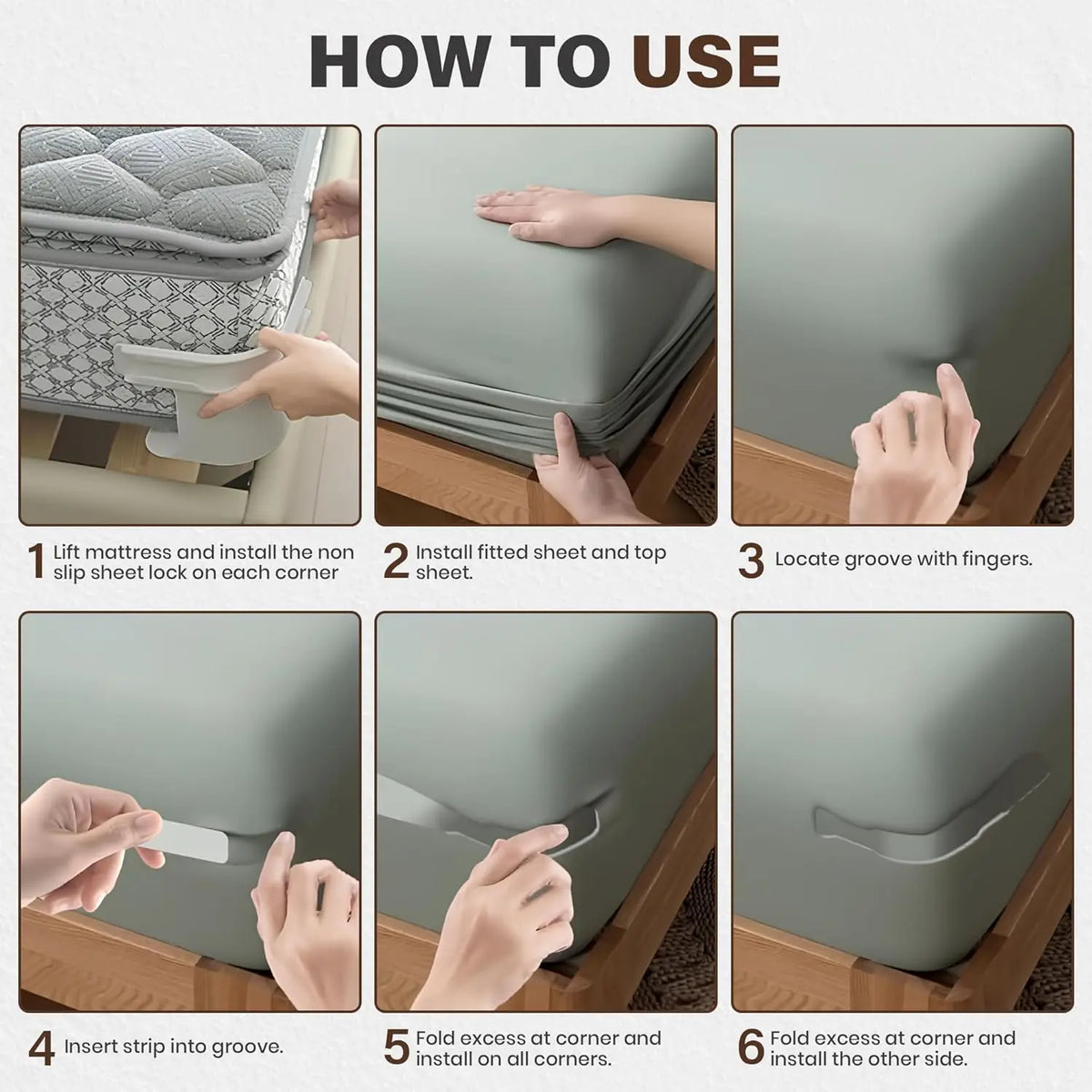 Instructions showing how to use heavy duty fitted sheet clips to secure a mattress and sheet on all corners.