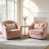Two pink upholstered armchairs with floral embroidered throw pillows sit near a bright window.