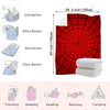 A red blanket with a symmetrical spider web pattern shown alongside various uses like traveling, sleeping, reading, relaxing,