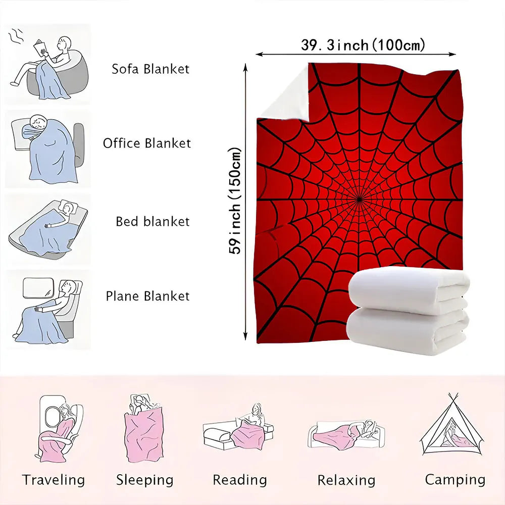 A red blanket with a symmetrical spider web pattern shown alongside various uses like traveling, sleeping, reading, relaxing,