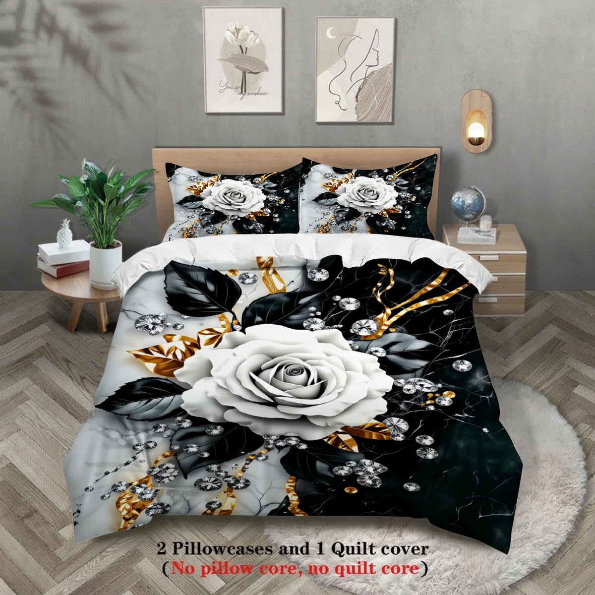 A set of two pillowcases and one quilt cover featuring a black and white floral design with gold accents.