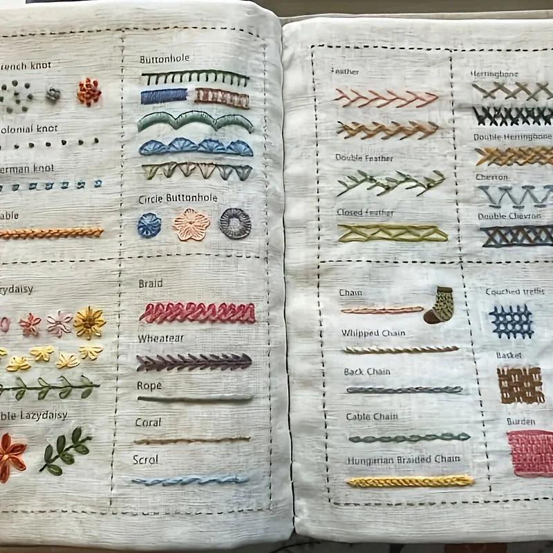 A page from a portable mini embroidery sewing kit showing various threads and knots like buttonholes, knots, braids, and chai