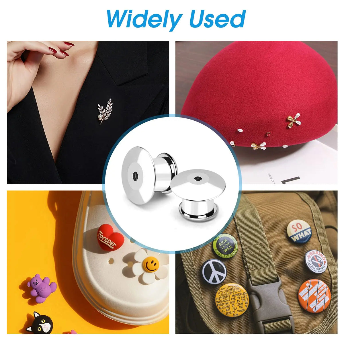 Stainless steel locking pin backs used on various brooches, lapel pins, and badges.