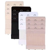 A pack of four beige and black bra strap extenders with adjustable clips.