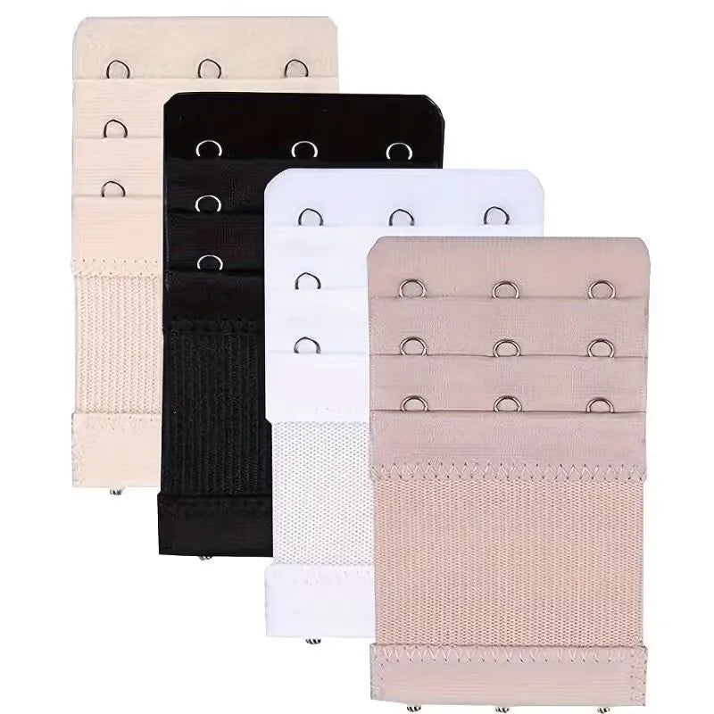 A pack of four beige and black bra strap extenders with adjustable clips.