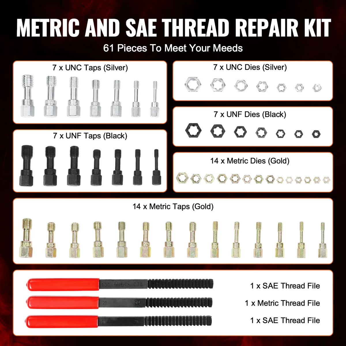 Metric and SAE thread repair kit containing various taps, dies, and files for machinery