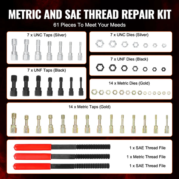Metric and SAE thread repair kit containing various taps, dies, and files for machinery