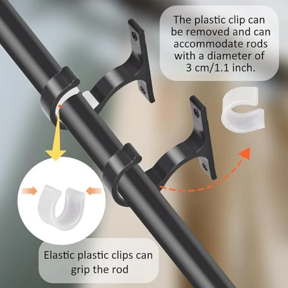 Black curtain rod brackets with plastic clips and elastic grips for wall mounting