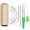 A set of five multi-color sewing thread rolls and a specialized hair extension needle tool.