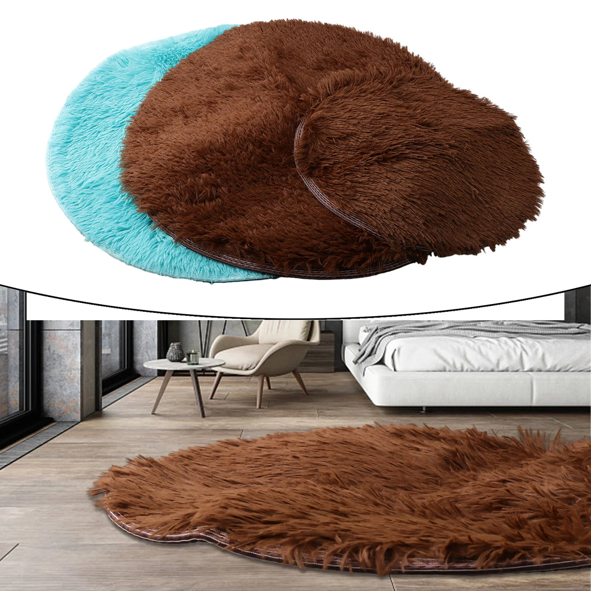 A round, shaggy brown faux fur area rug displayed on a wooden floor.