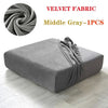 A gray velvet fabric sofa seat cover displayed on a light wooden floor.