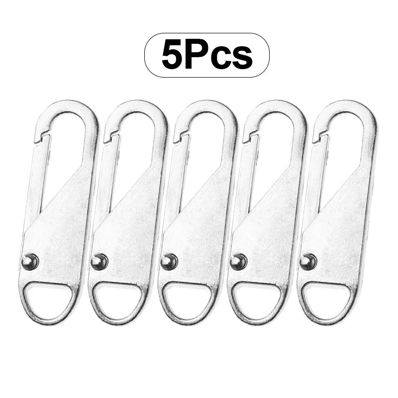 Five silver zipper slider puller repair kits are displayed in a row.