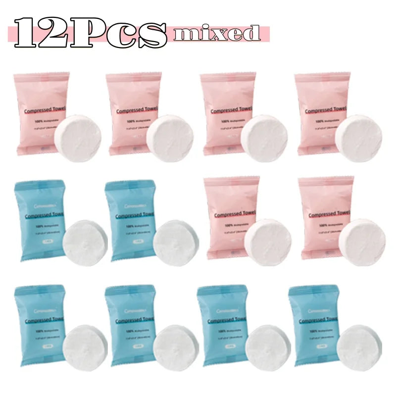 A collection of 12 packs of disposable compressed fiber face towels in various shades of pink and blue.