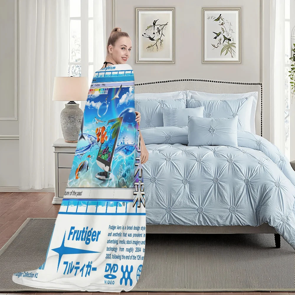 A blue and green Frutiger Aero art throw blanket displayed on a bed, featuring digital imagery.