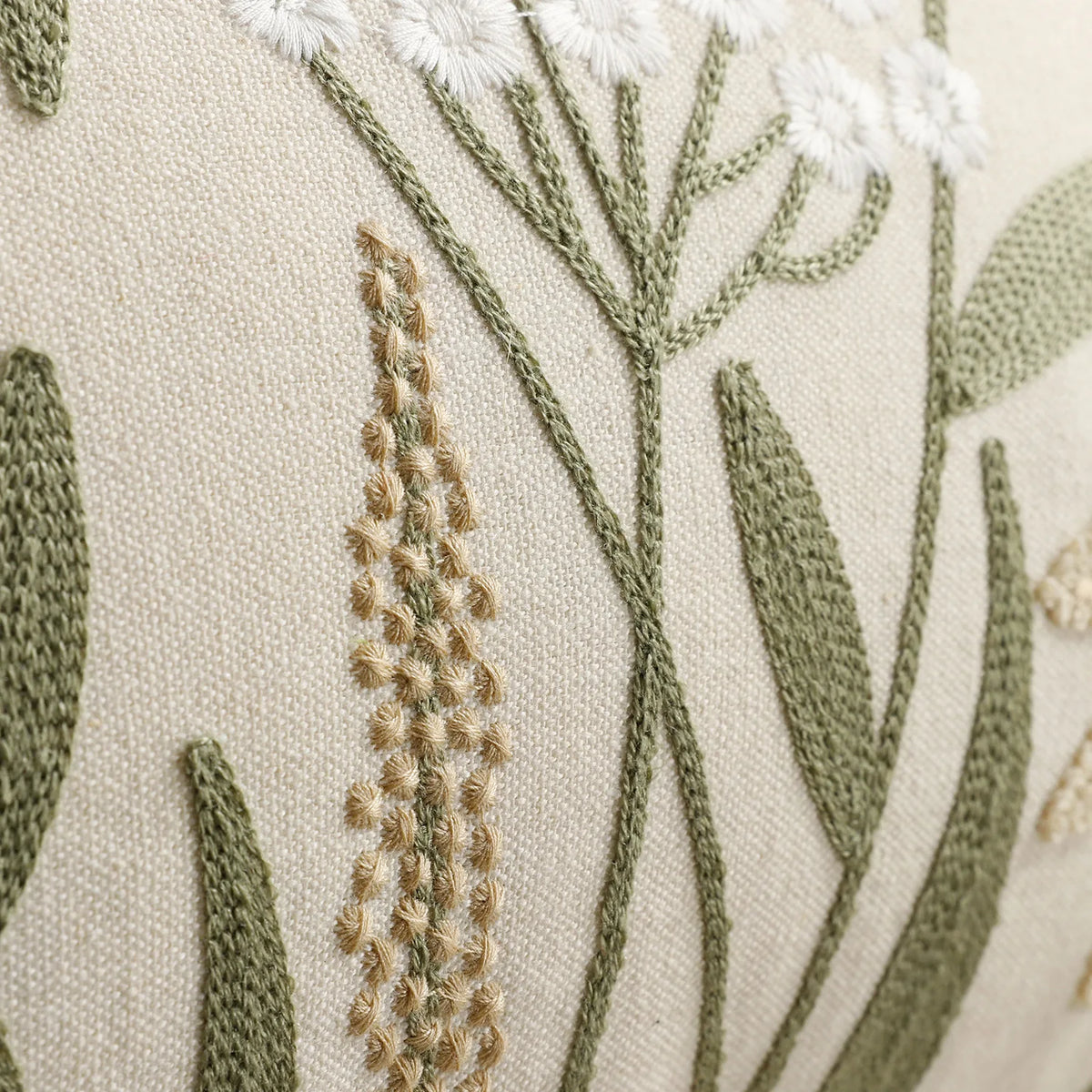 Close-up of a beige fabric with embroidered olive green and cream floral and botanical patterns.
