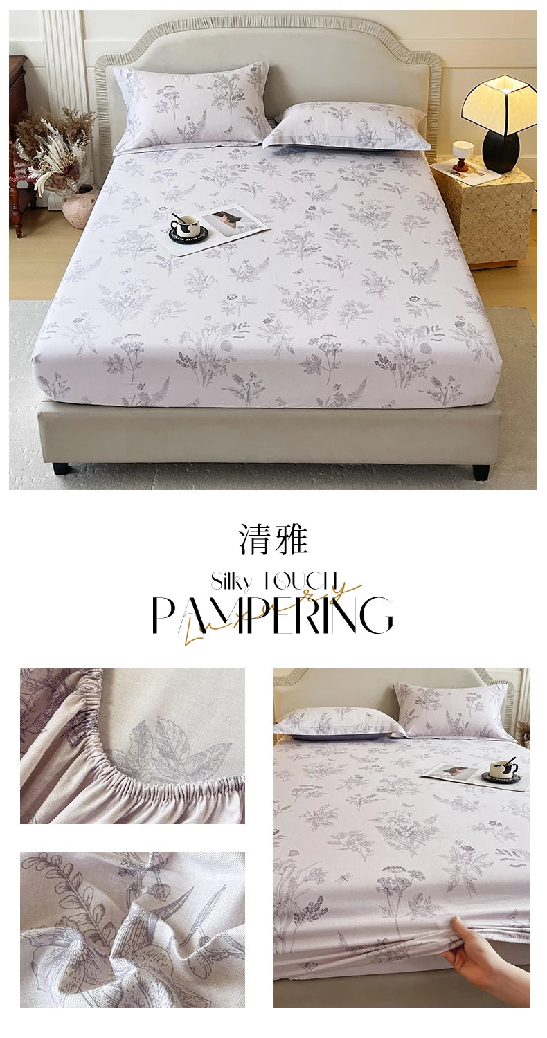 A floral printed cotton fitted sheet is displayed on a bed, emphasizing silky touch and pampering.