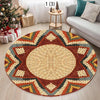 A round bohemian style decorative carpet with geometric patterns in earthy tones of brown, orange, green, and beige.