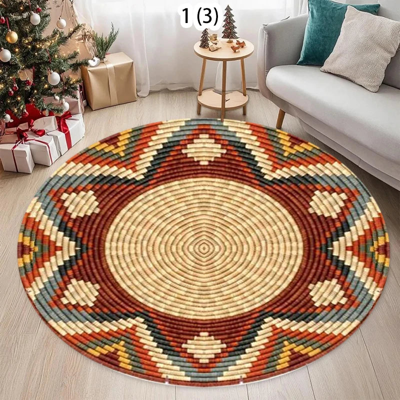 A round bohemian style decorative carpet with geometric patterns in earthy tones of brown, orange, green, and beige.