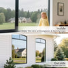 A split image showing a window with reflective mirror film providing privacy and heat reduction inside and outside views.