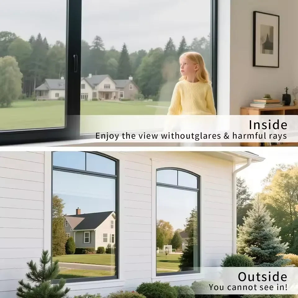 A split image showing a window with reflective mirror film providing privacy and heat reduction inside and outside views.