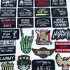 A collection of black iron-on slogan patches featuring various humorous and edgy phrases related to survival, military, and g