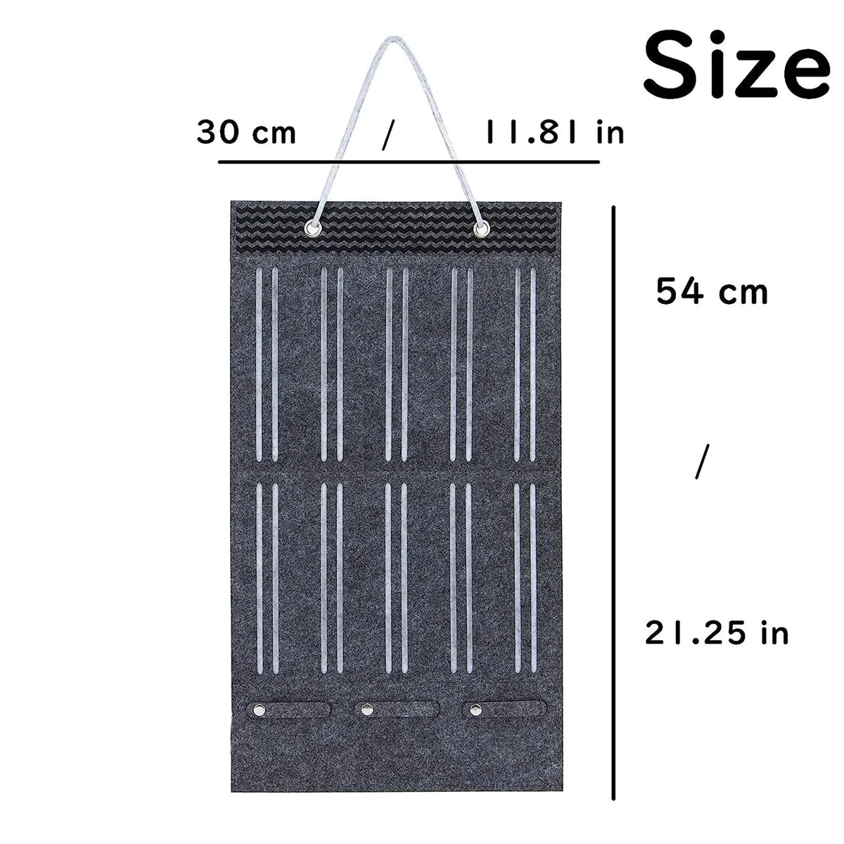A dark gray fabric hanger with multiple slots for storing hair clips and accessories.