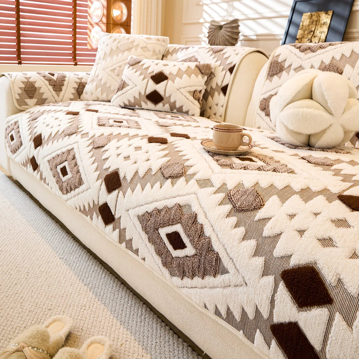 A beige sofa slipcover featuring a cream and brown geometric patterned fleece fabric.