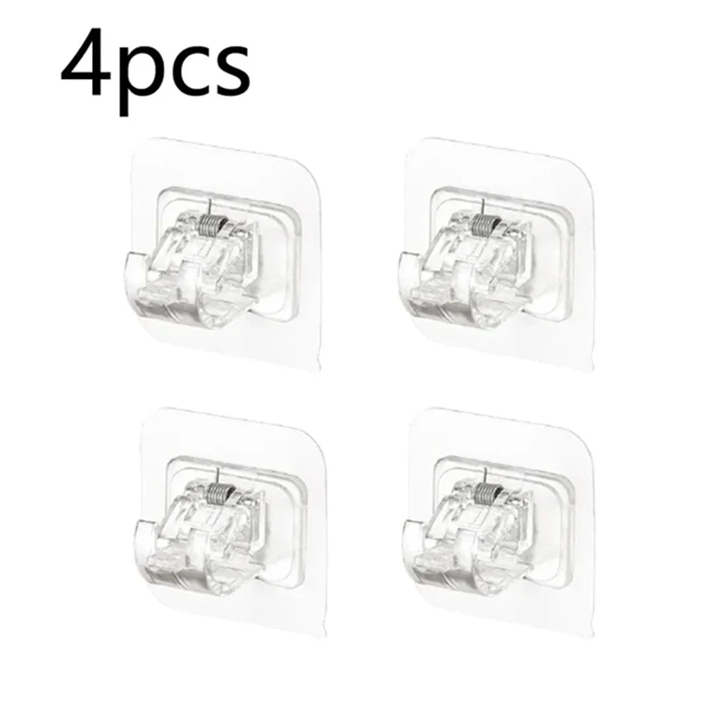 Four self-adhesive curtain rod clips packaged in a clear plastic holder.