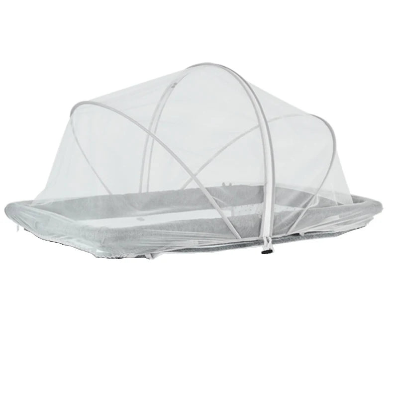A clear, foldable mosquito net canopy designed to cover infant cots.