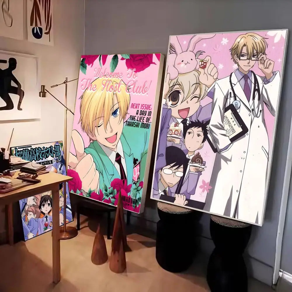 A vibrant poster featuring characters from Ouran High School Host Club in a modern art style.
