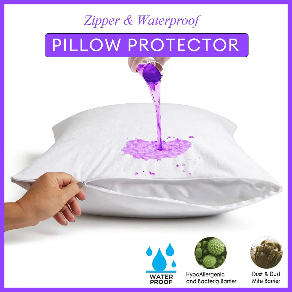 A hand is pouring purple liquid onto a white pillow protector, demonstrating its waterproof and antibacterial barrier.