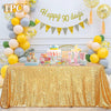 Gold sequin glitter tablecloth set for weddings and parties with a happy 30 days banner decoration