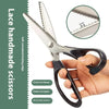 A pair of silver and black self-contained locking edge scissors shown being held by a hand, with an inset showing the serrate