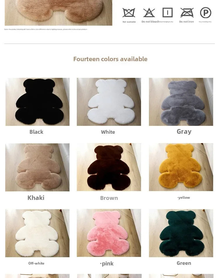 A collection of fourteen colors of plush bear-shaped non-slip area rugs displayed in various shades including black, white, g